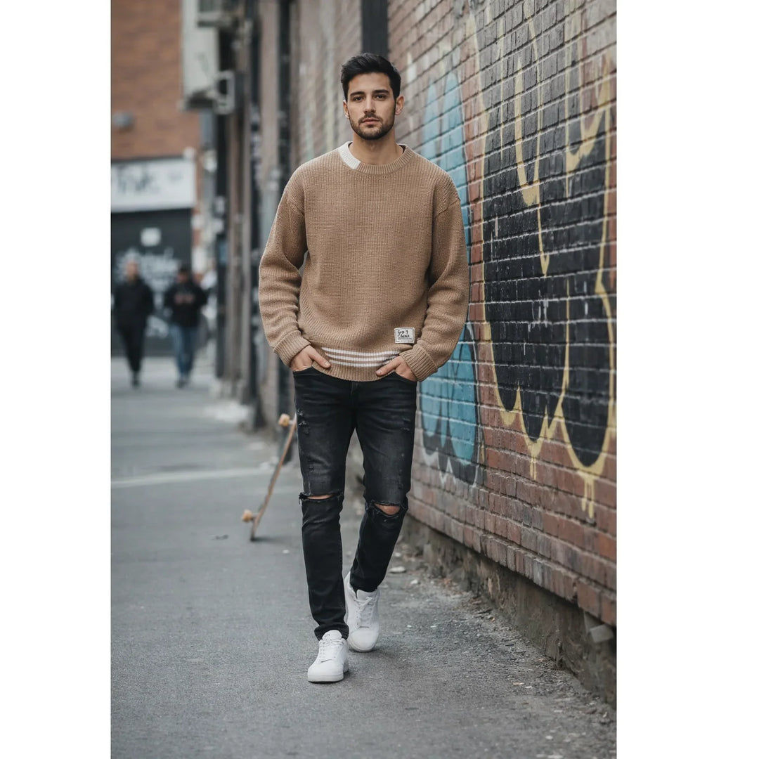 Man in tan sweater and ripped black jeans walking by graffiti wall, Rovelli urban fashion