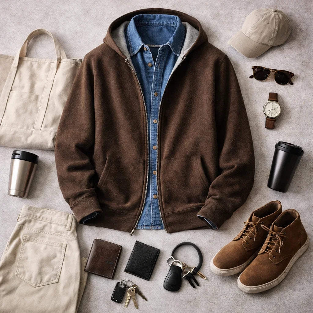 Rovelli casual outfit flat lay with brown hoodie, denim shirt, beige pants, boots, bag, and accessories