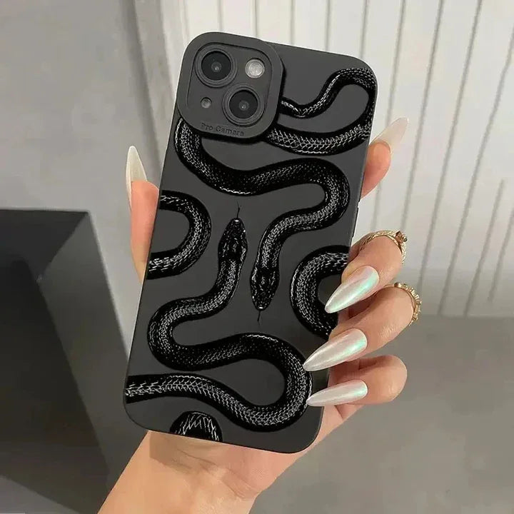 Hand holding a black phone case with a 3D black snake design, modern style by Rovelli