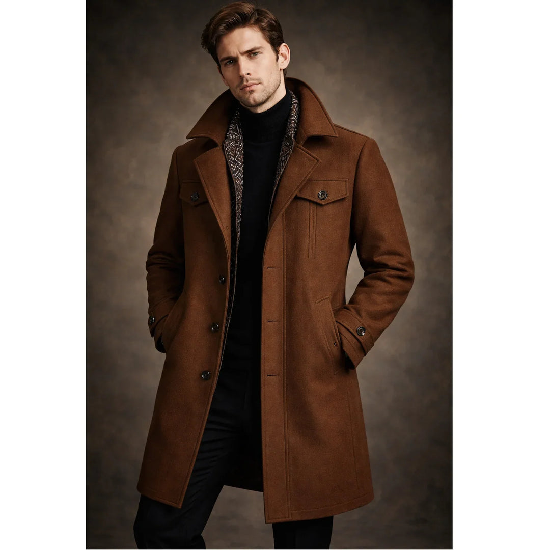 Elegant man in brown overcoat by Rovelli, classic fashion on dark studio background