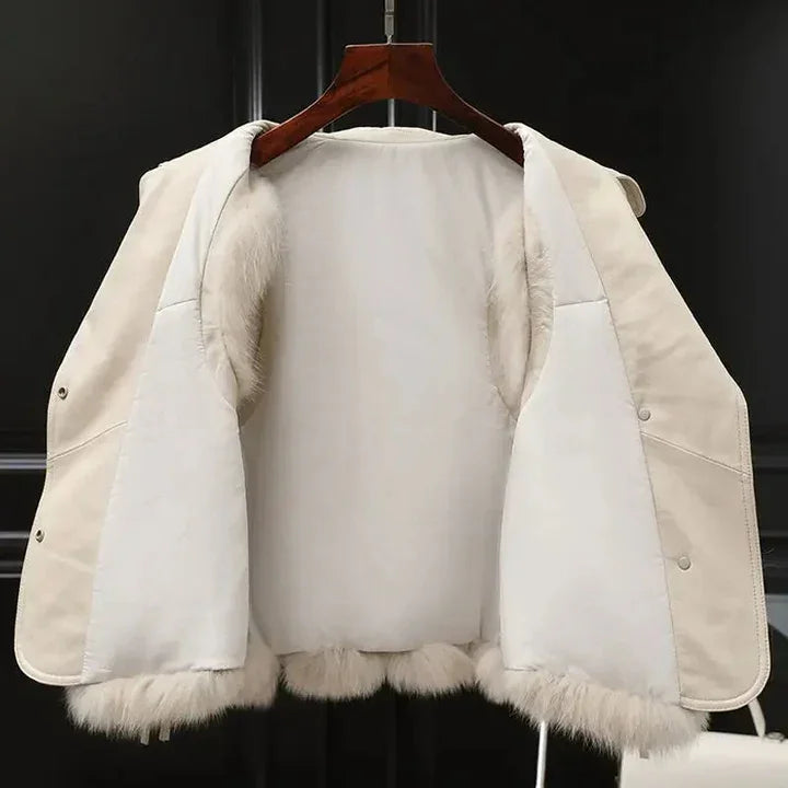 Rovelli cream faux fur lined coat on hanger, luxury winter outerwear