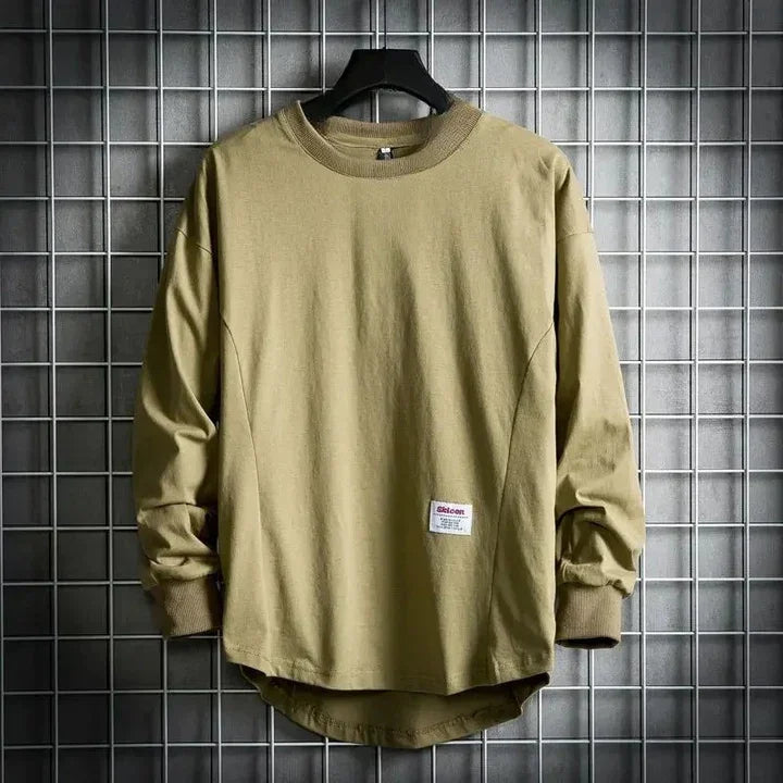Rovelli khaki long sleeve shirt on hanger with patch label, grid wall background