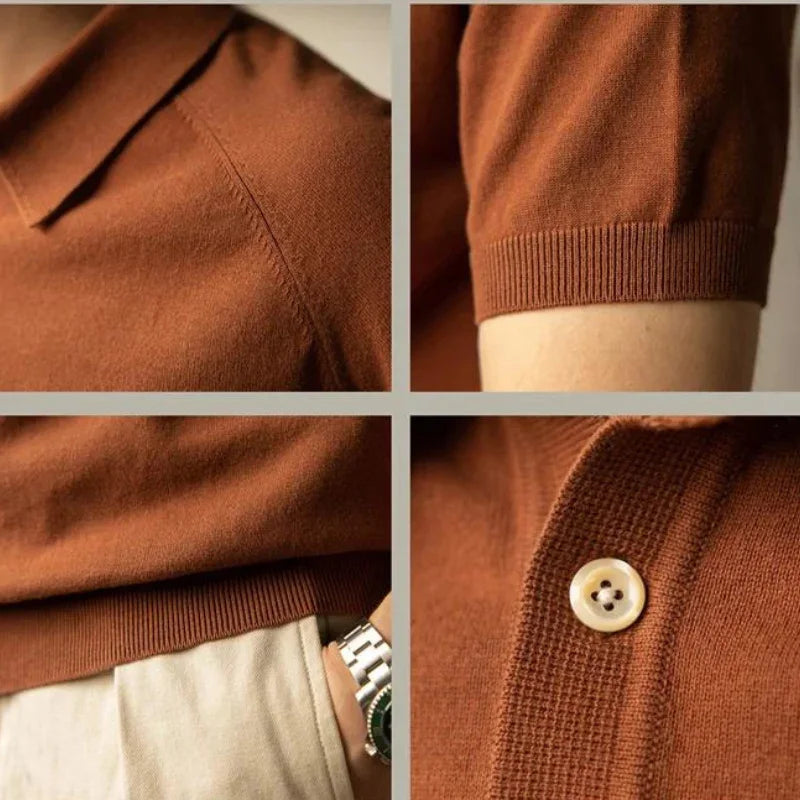 A collage shows close-up details of a rust-colored organic cotton polo shirt, including the collar, short sleeve, button, and hem, paired with beige pants and a silver watch.