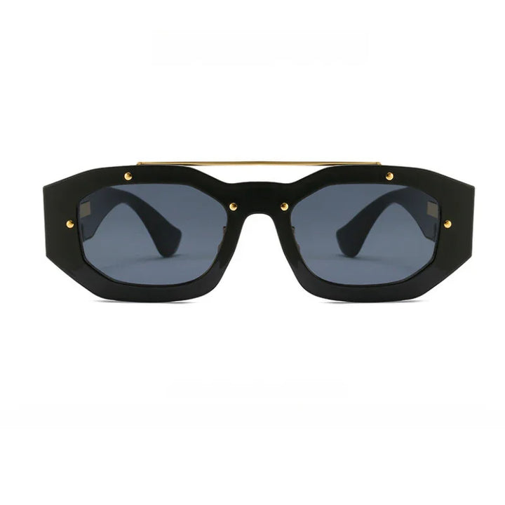 Black geometric sunglasses with thick frames, dark blue-tinted scratch-resistant lenses, gold accents at the corners, and a thin gold bar across the top. The bold, modern style offers both standout looks and reliable UV400 protection.
