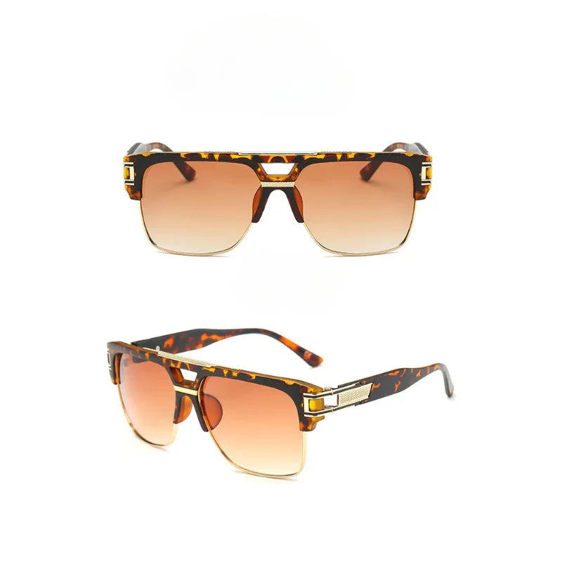 Two views of geometric sunglasses with a tortoiseshell frame and brown gradient, scratch-resistant lenses, featuring gold accents on the temples. The top image shows a front view; the bottom image highlights the stylish side perspective.