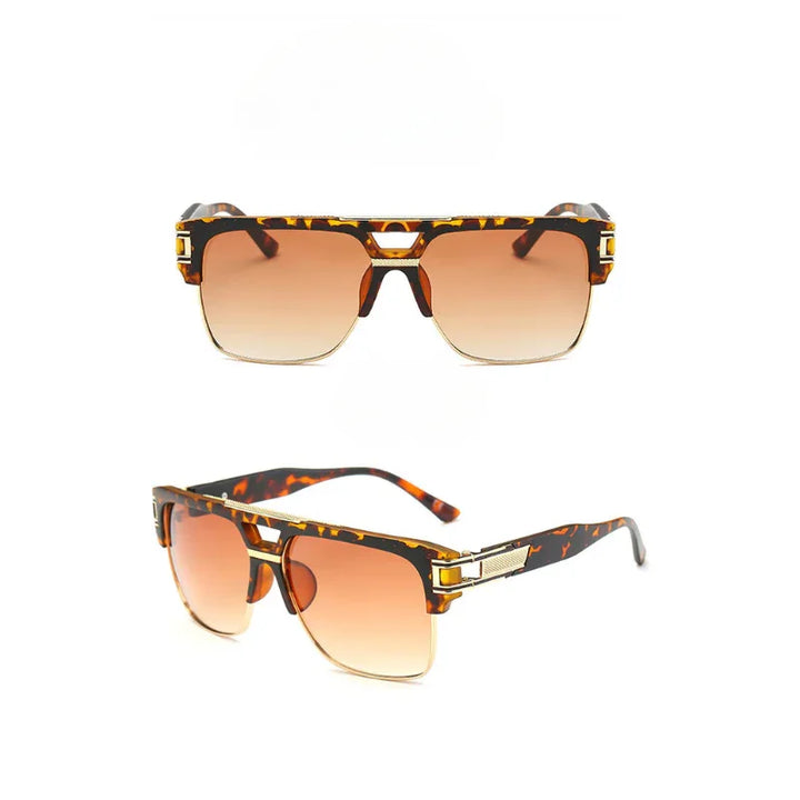 Two views of geometric sunglasses with a tortoiseshell frame and brown gradient, scratch-resistant lenses, featuring gold accents on the temples. The top image shows a front view; the bottom image highlights the stylish side perspective.
