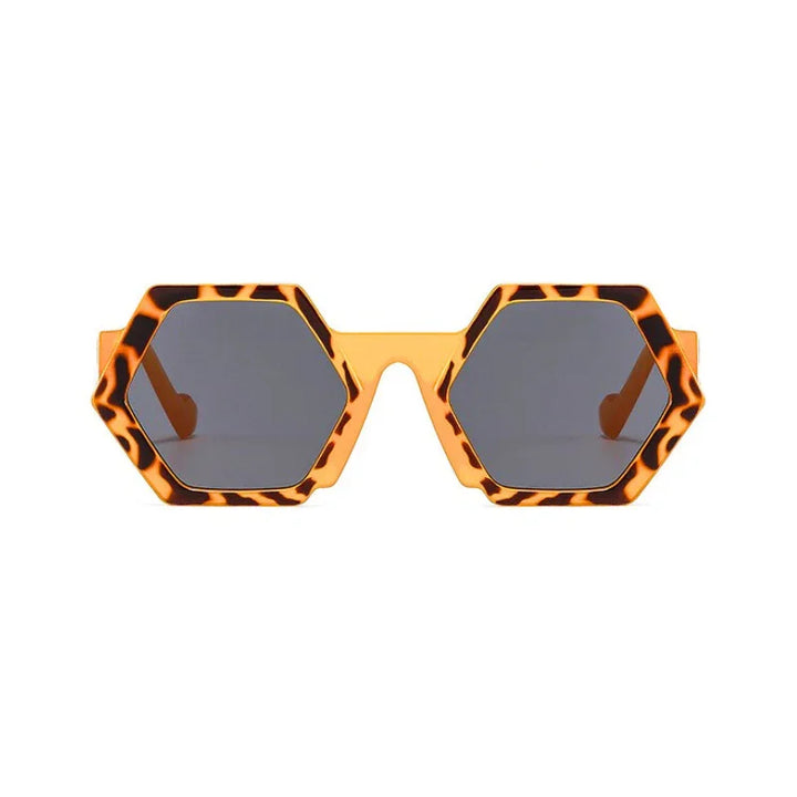 Trend-forward hexagonal frame sunglasses with bold, tortoiseshell patterns in orange and brown feature dark, tinted lenses and UV400 protection, all displayed against a white background.