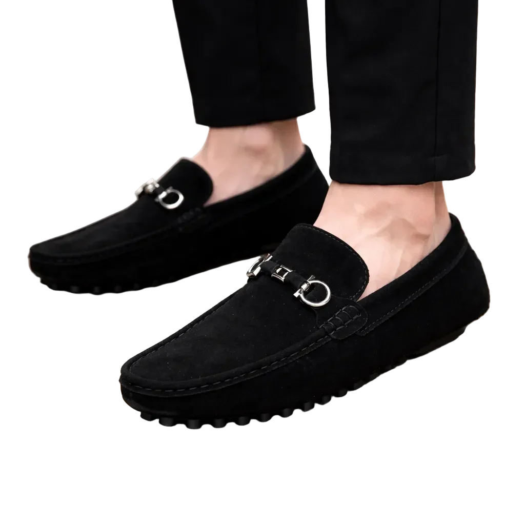 Rovelli black suede loafers with metal bit detail worn with black pants