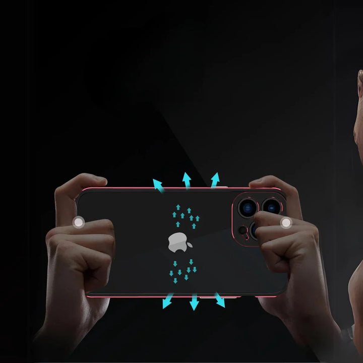 Two hands hold a smartphone horizontally, encased in a durable phone case, with blue arrows showing cooling airflow toward the center; on the right, a partial view of a person appears against a dark background.