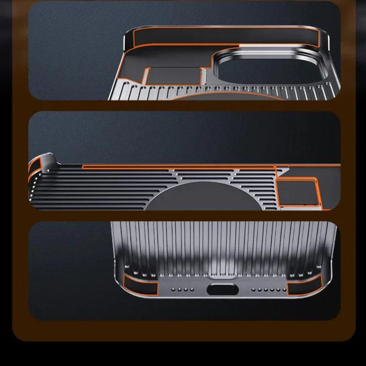 Three close-up views of a modern, metallic kitchen sink with an integrated draining board, grooves, and orange accent lines—reminiscent of the sleek detailing found on a luxury phone case highlighting both style and function.
