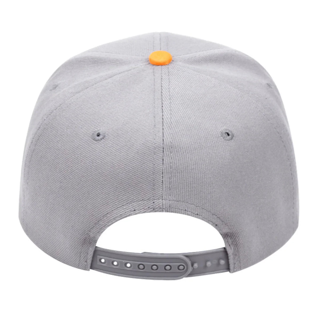 A gray baseball cap viewed from the back, featuring an adjustable snap closure and an orange button on top—this statement piece adds flair to any outfit.