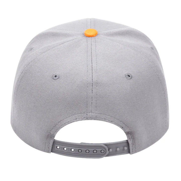 A gray baseball cap viewed from the back, featuring an adjustable snap closure and an orange button on top—this statement piece adds flair to any outfit.