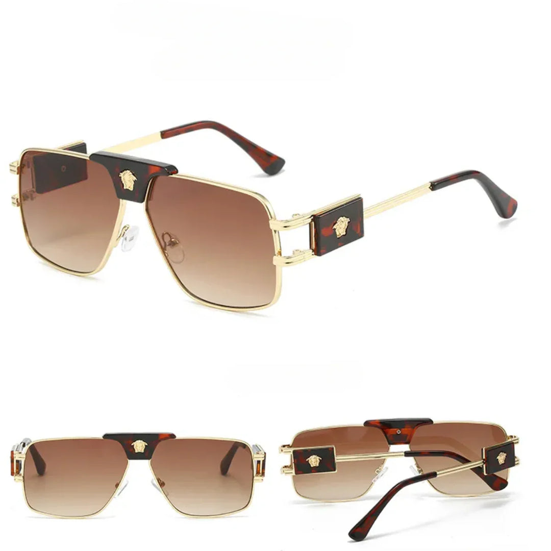 Bold sunglasses with premium metal frames in a rectangular shape, gold accents, and brown gradient lenses. Black temples showcase a gold Medusa emblem. Three angles display the striking design and UV400 protection clearly.