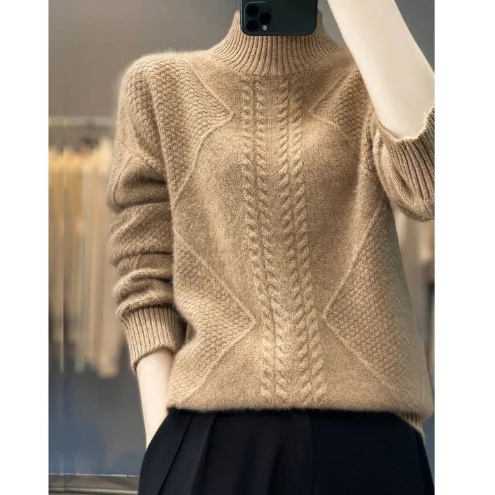Rovelli beige cable knit wool sweater with high neck, textured pattern, and long sleeves