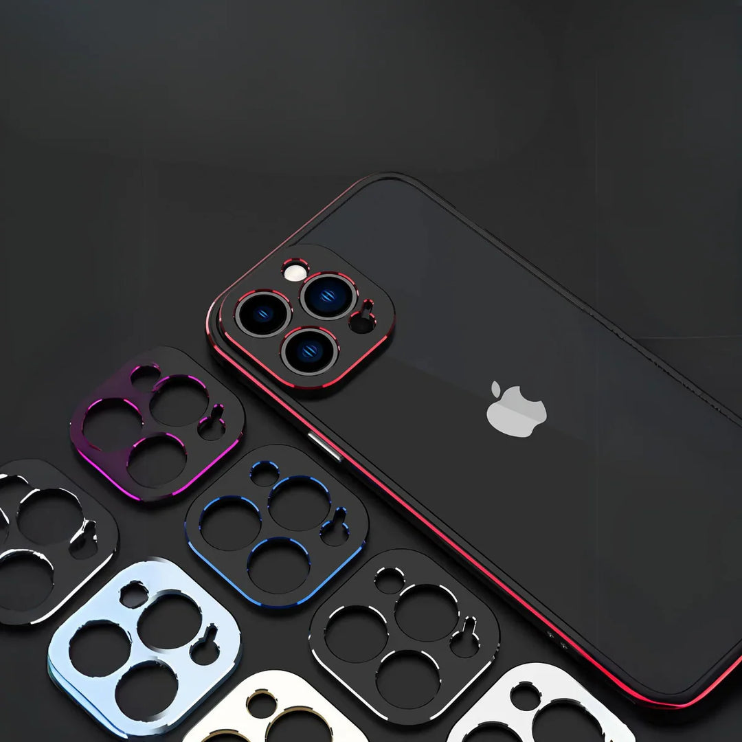 A black smartphone with a red-trimmed camera module rests on a dark surface, surrounded by various metallic lens protectors and a durable phone case offering enhanced drop protection.