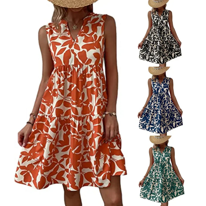 A woman in a sleeveless, knee-length dress with a bold floral print in orange and white—perfect for your summer wardrobe. Three smaller versions of the sleeveless dress in black, blue, and green with the same pattern are shown on the right.