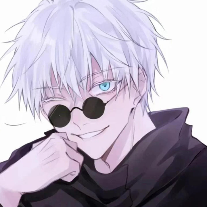 Anime-style character with messy white hair, bright blue eyes, and round sunglasses offering UV400 protection, smirking with one hand near their face. The character wears a high-collared dark shirt against a light background.