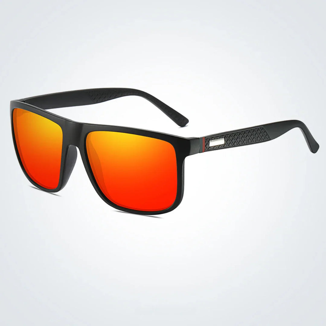 Stylish black sunglasses with wide arms and reflective orange-red lenses, offering UV400 protection. Displayed against a light gray background.