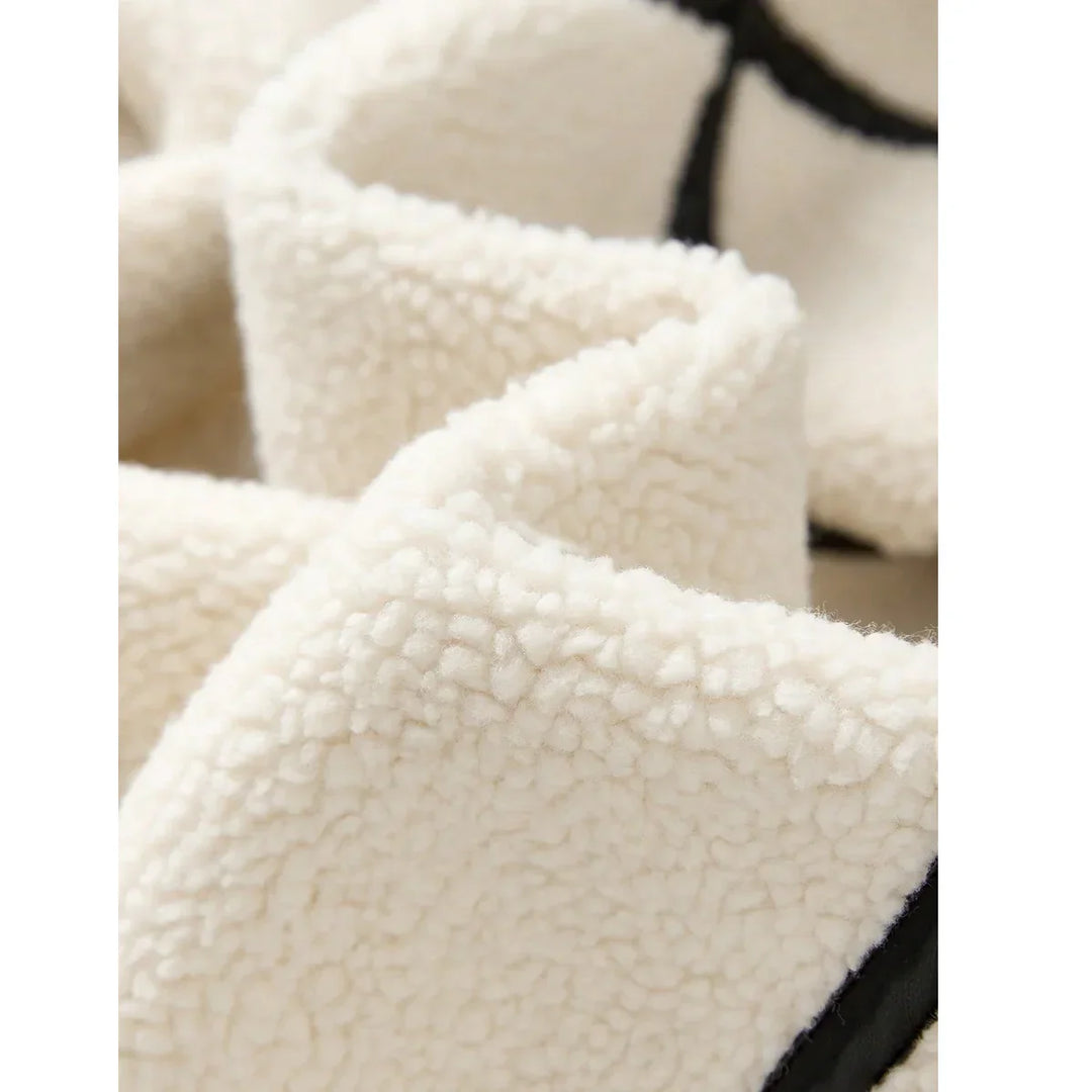 Rovelli cream sherpa fleece fabric with black accent detail, soft texture close-up