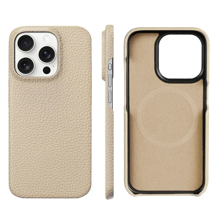 Rovelli beige leather iPhone case shown from back, side, and interior views