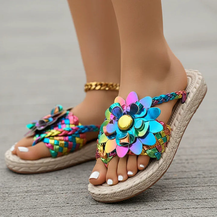 Iridescent Metallic Flower Flops