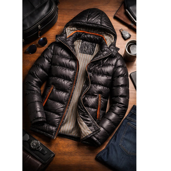 Rovelli black puffer jacket with orange trim, stylish winter outerwear on wooden surface