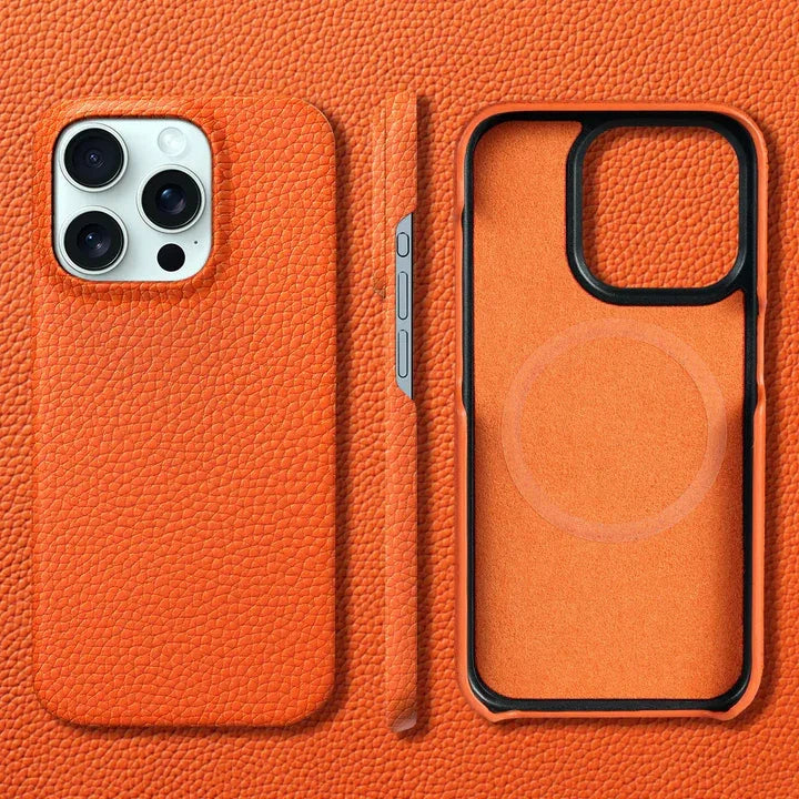 Rovelli orange textured leather iPhone case shown front, side, and back on matching surface