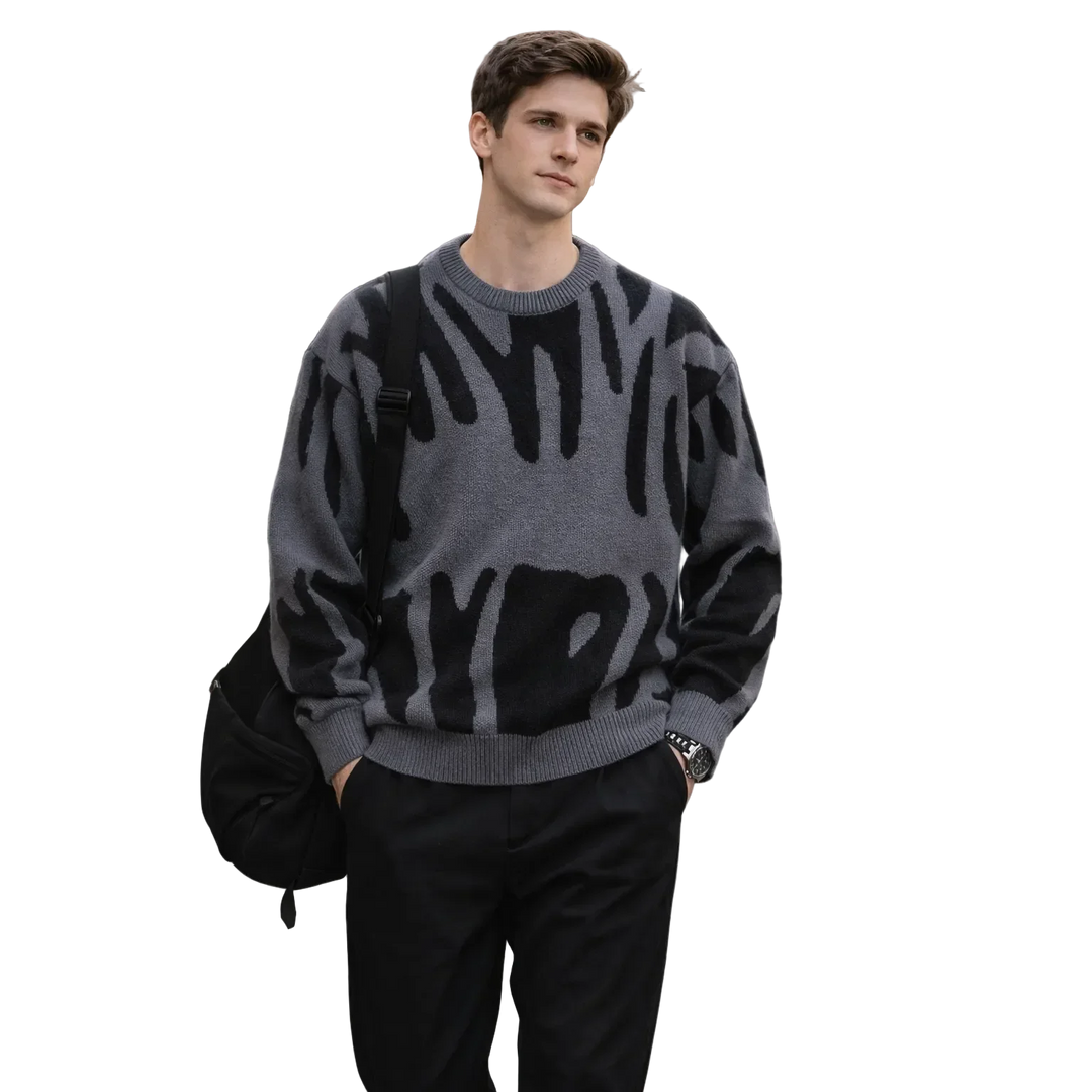 Man in gray abstract pattern sweater, black pants, and backpack, Rovelli fashion style