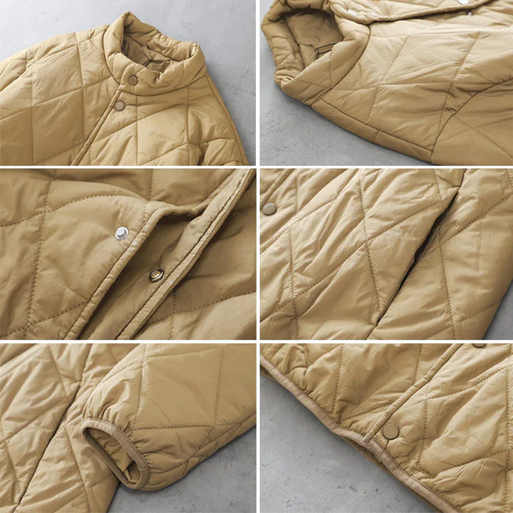 A light brown padded jacket is shown from different angles, highlighting its diamond-stitched pattern, snap buttons, collar, sleeve cuff, and textured fabric on a neutral background.