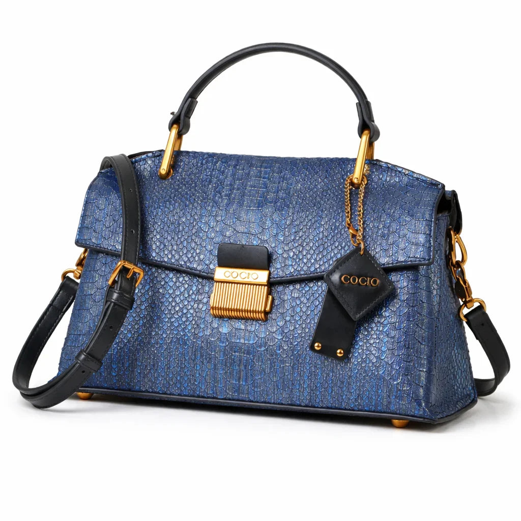 Rovelli blue textured leather handbag with gold hardware and top handle