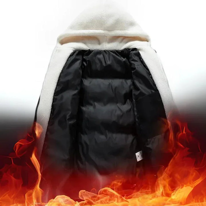 A hooded white coat with a black fleece-lined interior is displayed open, with flames at the bottom, suggesting warmth or heat retention.