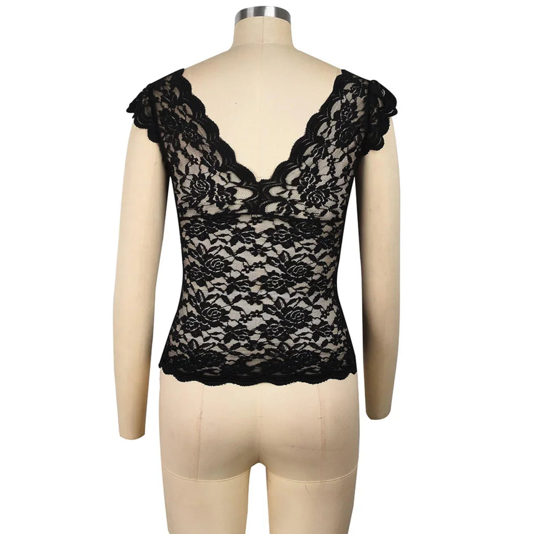 A mannequin displays a black lace sleeveless top with a V-shaped neckline and intricate floral patterns, seen from the back—a chic choice for summer fashion and effortless streetwear style.