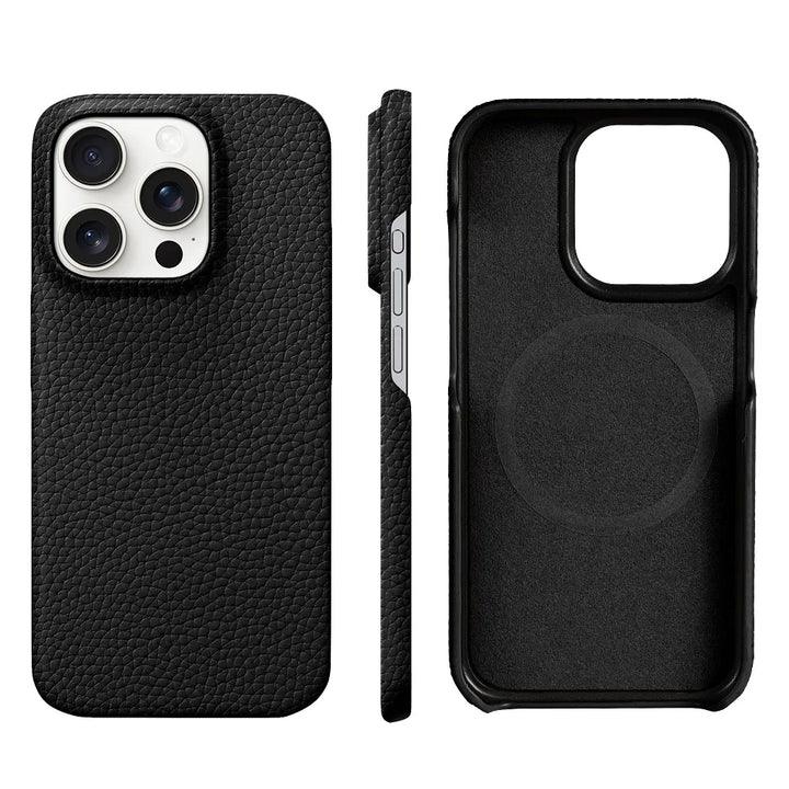 Rovelli black leather iPhone case with textured finish, shown front, side, and interior view