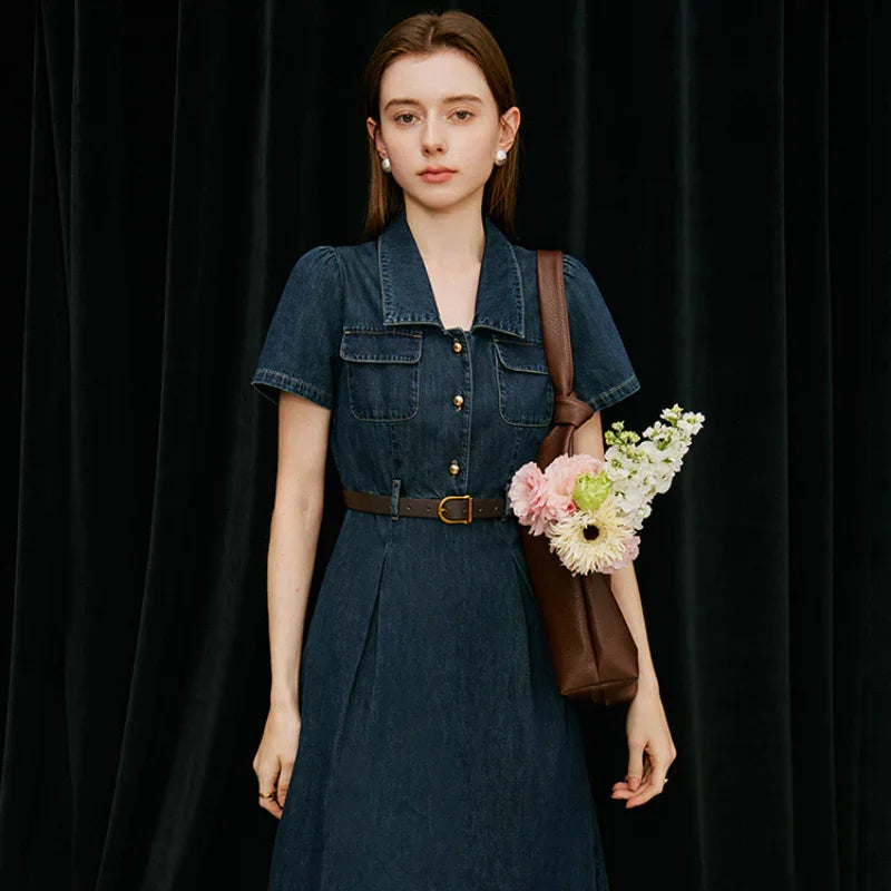 A woman wearing a belted denim dress, perfect for summer wear, stands in front of a black curtain, holding a brown shoulder bag filled with pink and white flowers. She has straight hair and a neutral expression.