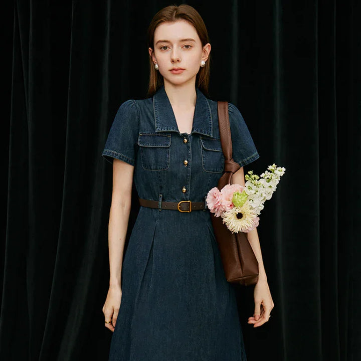 A woman wearing a belted denim dress, perfect for summer wear, stands in front of a black curtain, holding a brown shoulder bag filled with pink and white flowers. She has straight hair and a neutral expression.