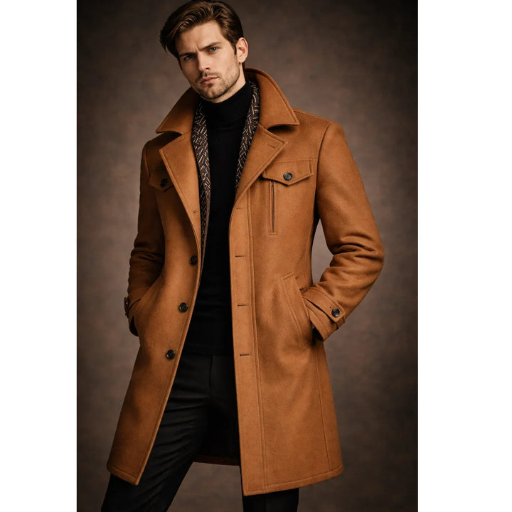 Man wearing stylish camel overcoat and black turtleneck, Rovelli fashion look