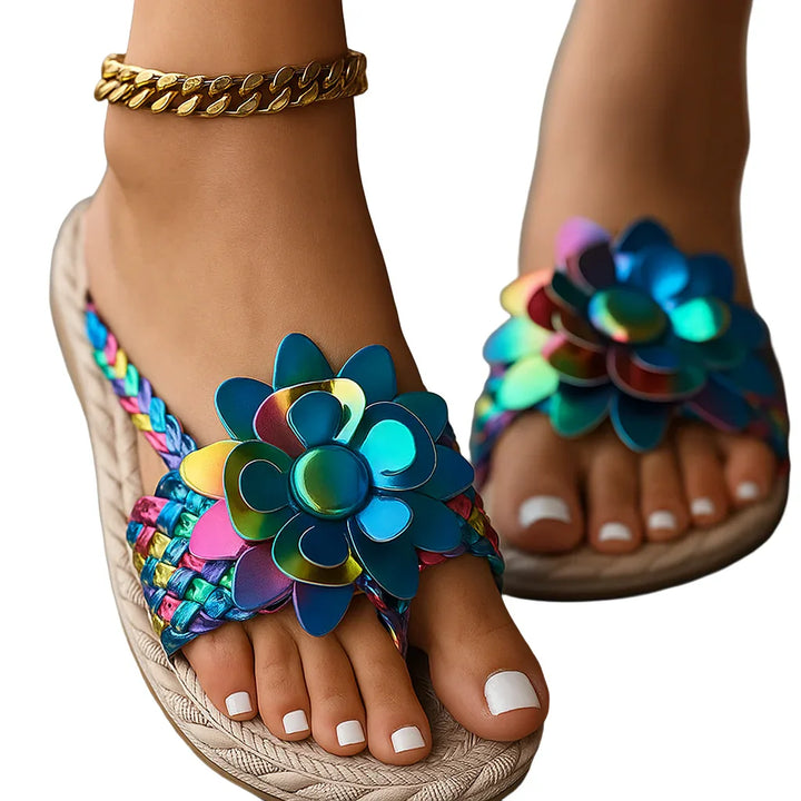 Iridescent Metallic Flower Flops