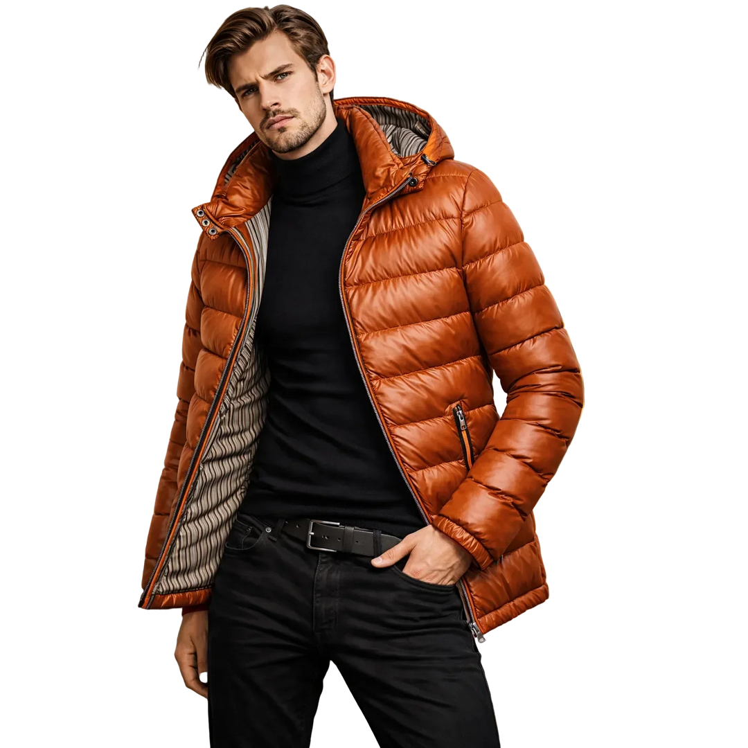 Man wearing stylish orange puffer jacket by Rovelli, black turtleneck and jeans
