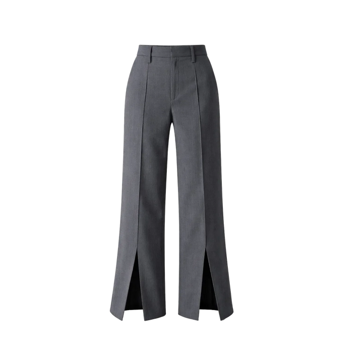 Rovelli tailored gray wide-leg pants with front slits and crease detail on black background
