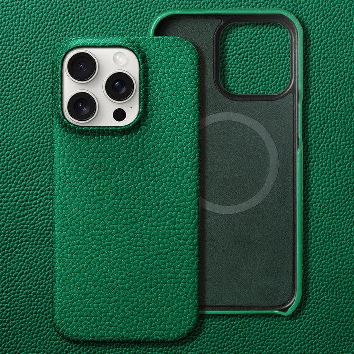 Rovelli green leather iPhone case with MagSafe on textured background