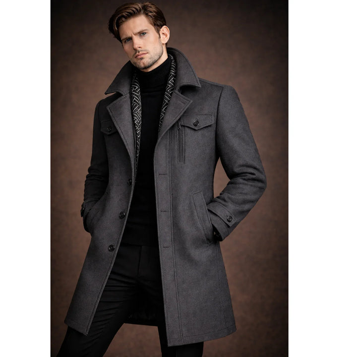 Rovelli men's dark gray wool coat with high collar, patterned scarf, and black turtleneck