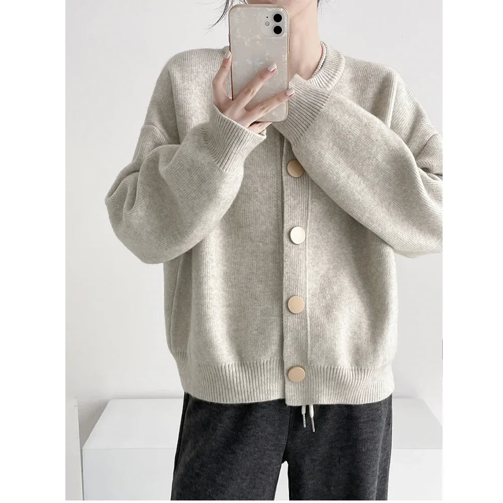 Rovelli neutral knit cardigan with large buttons, cozy casual sweater style