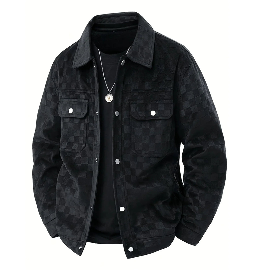 Rovelli black checkered jacket with front pockets and silver buttons on white background