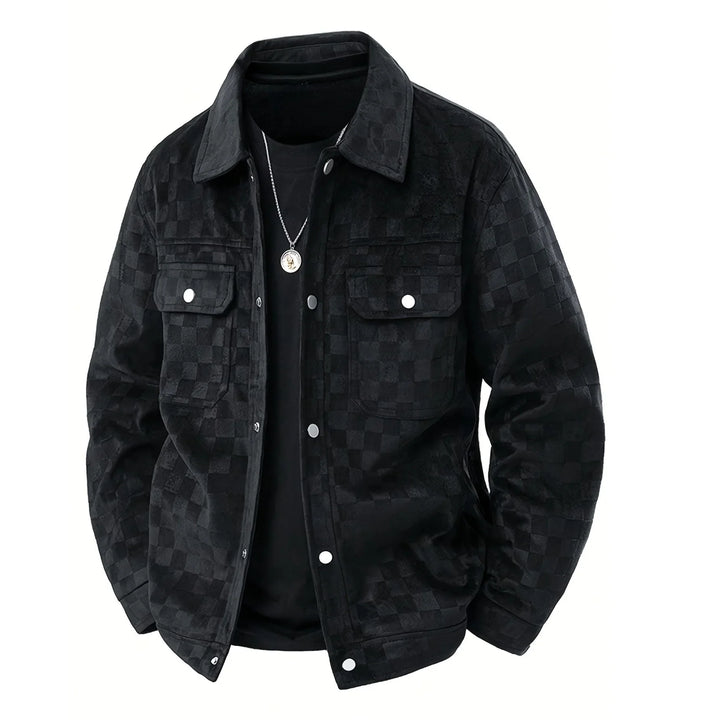 Rovelli black checkered jacket with front pockets and silver buttons on white background