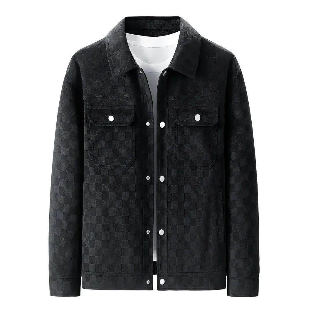 Rovelli black checkered jacket with snap buttons and chest pockets, front view