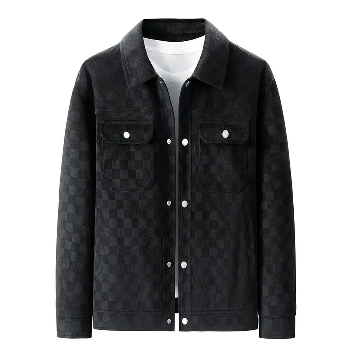Rovelli black checkered jacket with snap buttons and chest pockets, front view