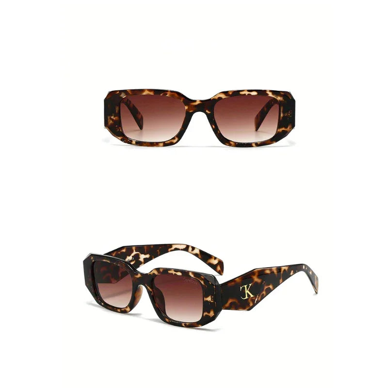 Two views of tortoiseshell oversized acetate sunglasses with rectangular frames and dark lenses; one is a front view and the other a side angle, highlighting reinforced hinges and a gold K logo on the temple.