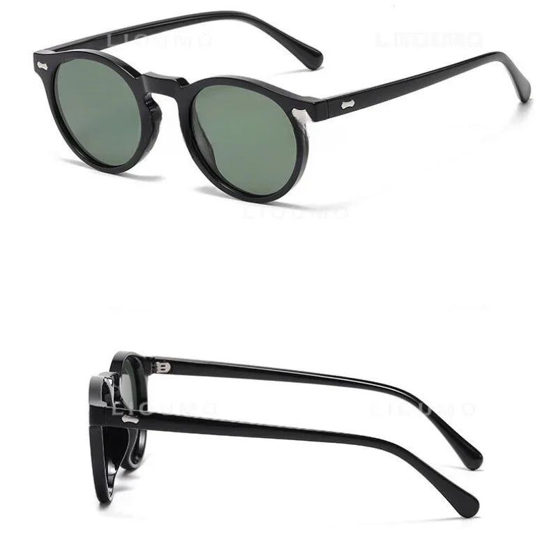 Two views of black round frame sunglasses with green lenses: one showing the front and side, the other displaying a side and back angle. The glossy frame features silver accents near the hinges and offers UV400 protection.