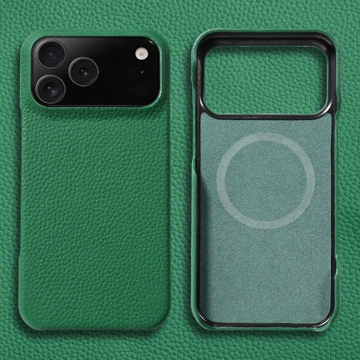 Rovelli green leather iPhone case with MagSafe, textured and sleek design