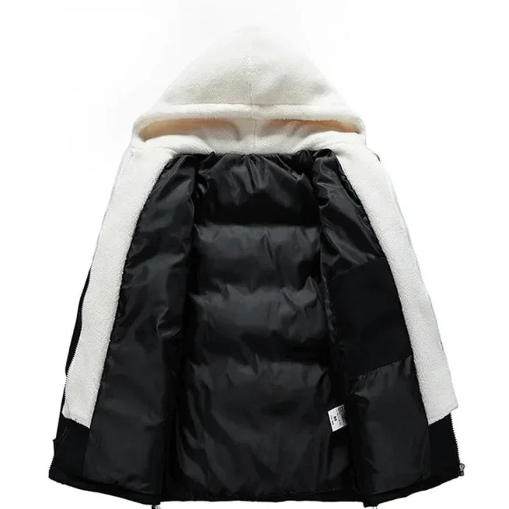 A hooded winter jacket with a white, fuzzy exterior and shiny, black padded interior featuring premium insulation, shown open to display the lining and inner pockets.